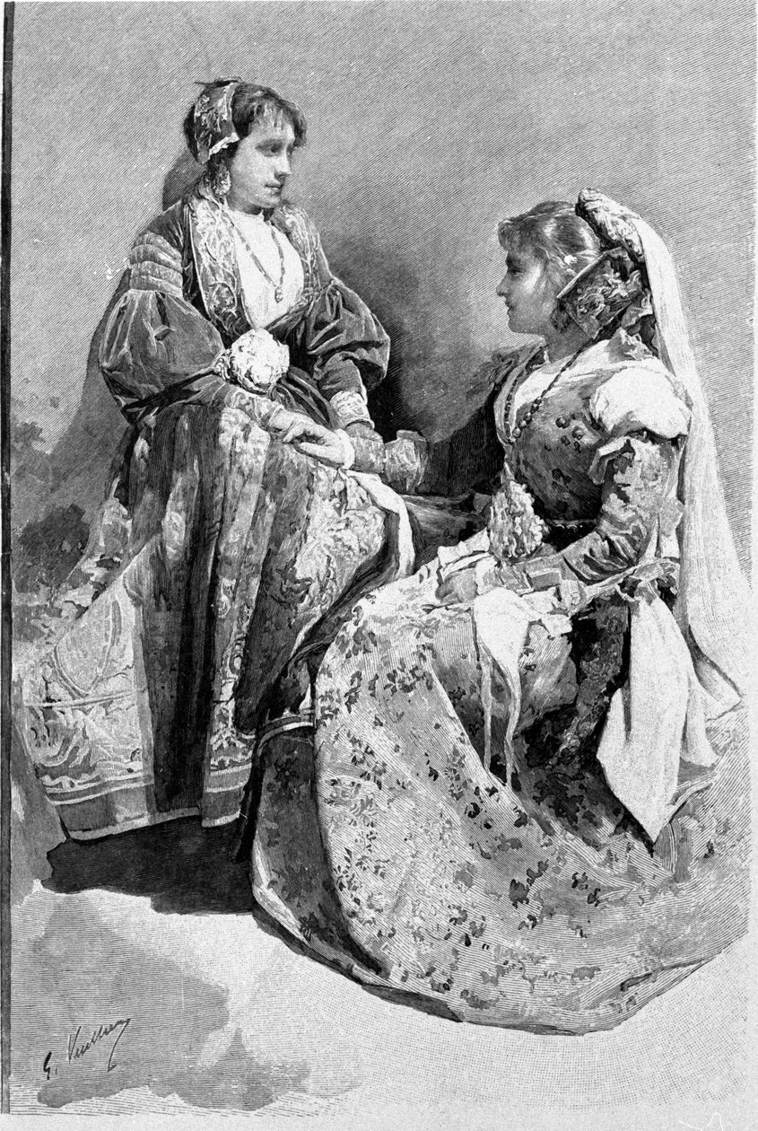 Folklore: kvinnor klädda i traditionella bröllopsdräkter, Sicilien. 1800-talsgravyr. av Unknown artist