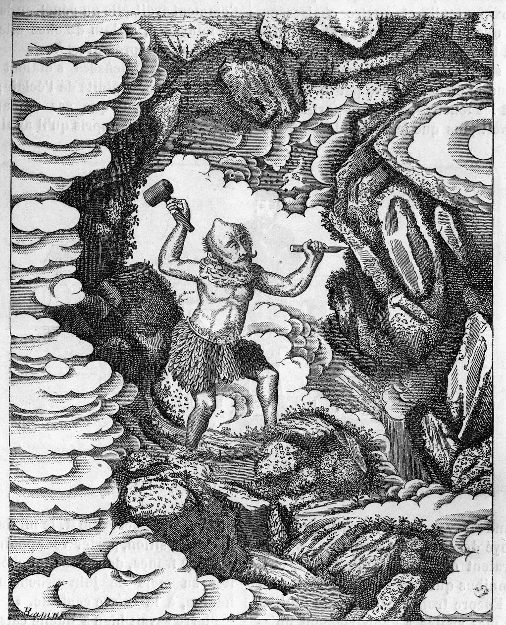 Världarnas bildande: den kinesiska guden Pan-Kou-Che snidar ut jordens bark. Gravyr i "Le journal de la jeunesse"" av Unknown artist