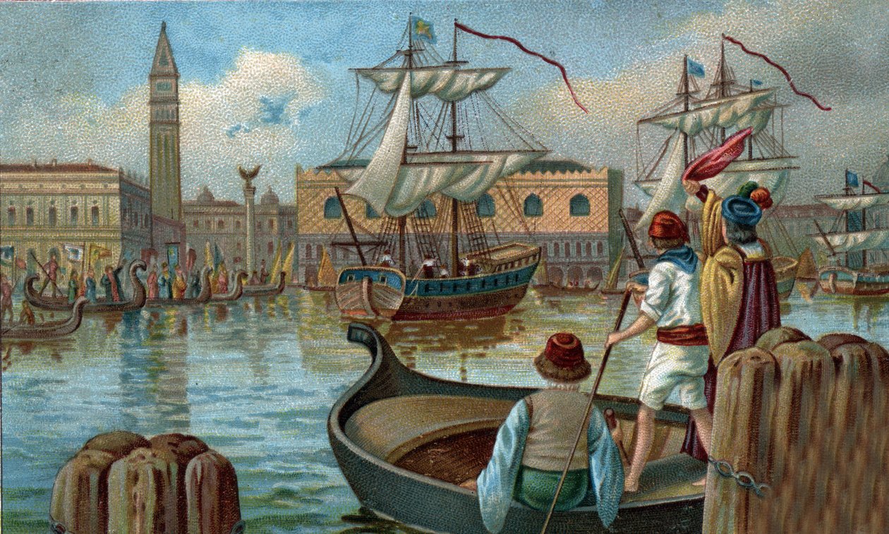Tidigare köpcentrum: en venetiansk flotta återvände till Venedig på 1800-talet. Kromolitografi från slutet av 1800-talet av Unknown artist