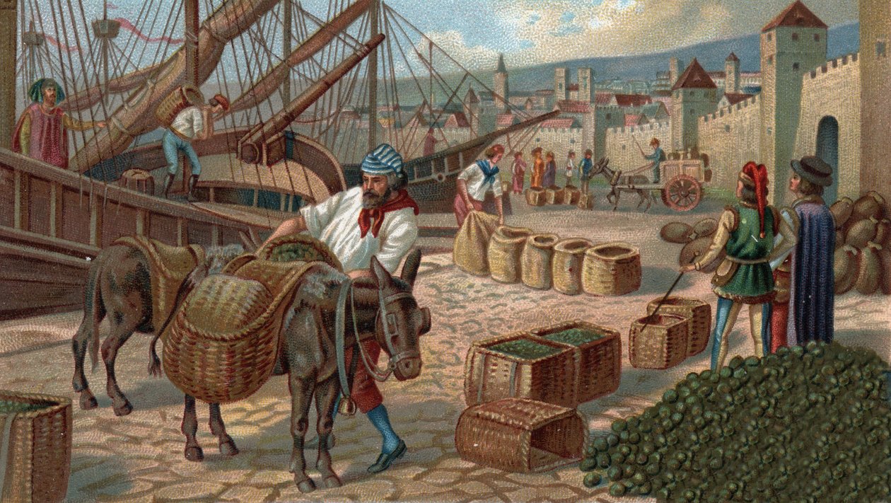 Tidigare köpcentrum: transport av fikon till Marseille under medeltiden. Kromolitografi från slutet av 1800-talet av Unknown artist