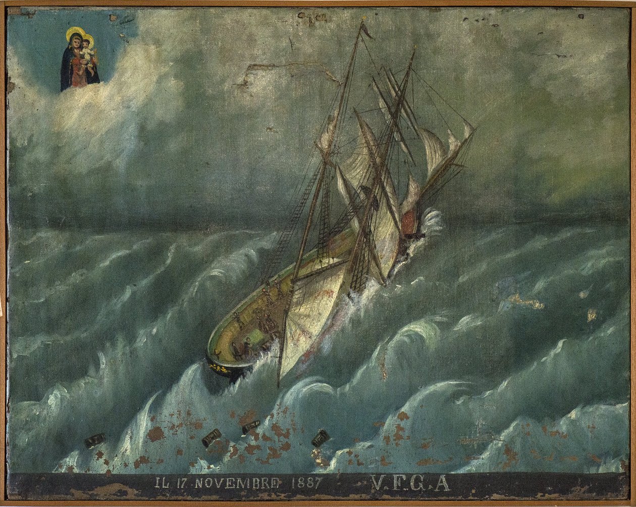 Tidigare voto (ex voto) sjöman, populärt erbjudande som ett löfte om hängivenhet och tacksamhet för sjömannen som överlever till farorna med havet som kommer från kyrkan Carmine, Torre del Greco, nära Neapel av Unknown artist