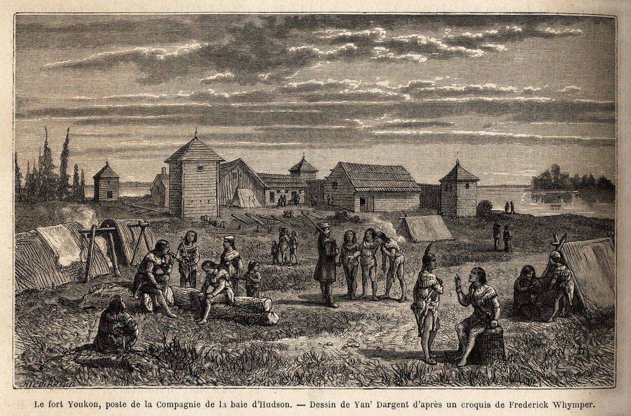 Fort Youkon, i Nortonbukten, Alaska, grundat 1847, en etablering av Hudson Bay Company, indier slog läger runt palisaderna. Gravyr för att illustrera resan och äventyren i engelska Colombia, Vancouver Island och Alaska, av Frederick av Unknown artist