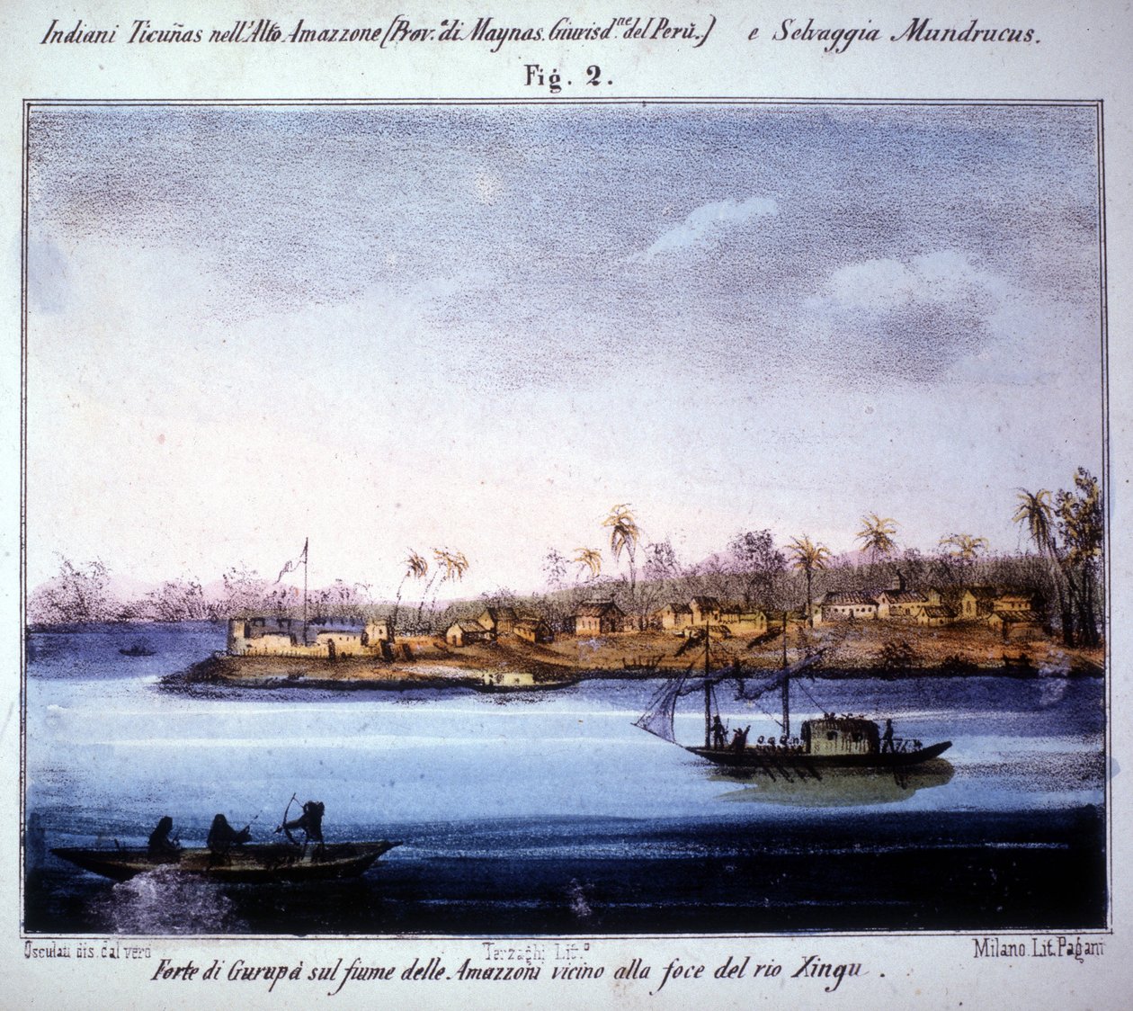 Gurupàs fästning vid Amazonfloden, nära Rio Xingus mynning i Ecuador. Gravyr från 1846 - 1848. av Unknown artist