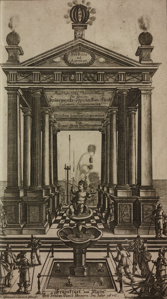 Fontän med kerub och tempel, gravyr, frontispice från Grand Art d
