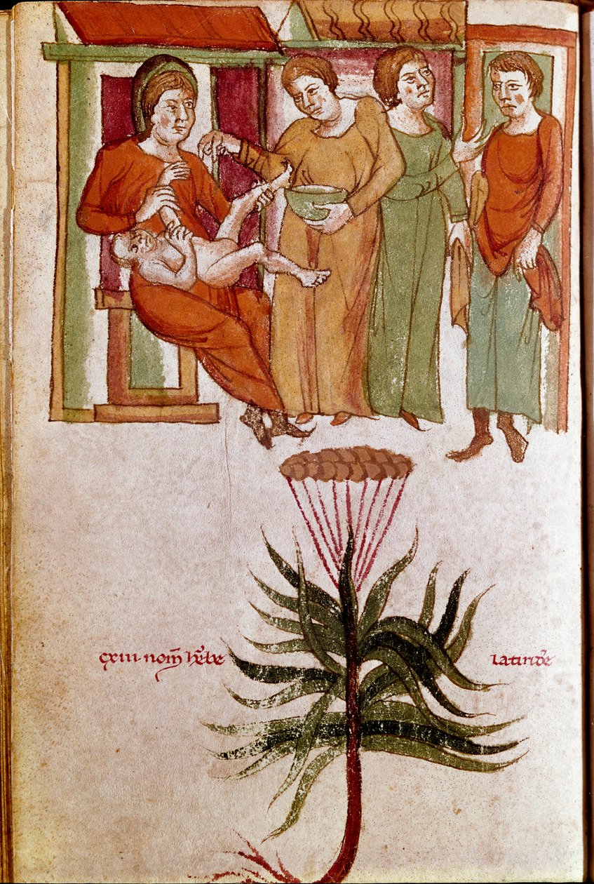 Fyra kvinnor som tar hand om ett barn, människohandel med barnomsorg. (miniatyr, tidigt 1200-tal) av Unknown artist
