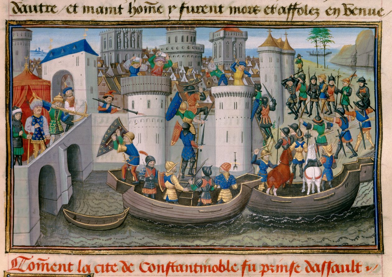 Fjärde korståget: vy över fånga Konstantinopel av korstågen 1203-1204. Miniatyr från "" Chronicle abregee"" av David Aubert av Unknown artist