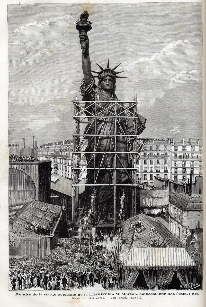 Frankrike, Paris, Ge Frihetsgudinnan till USA:s ambassadör - Förpackning av Libertestatyn gjord av Frederic Auguste Bartholdi (1834-1904) i byggnadsställningar för att transportera den från Paris till Amerika av Unknown artist