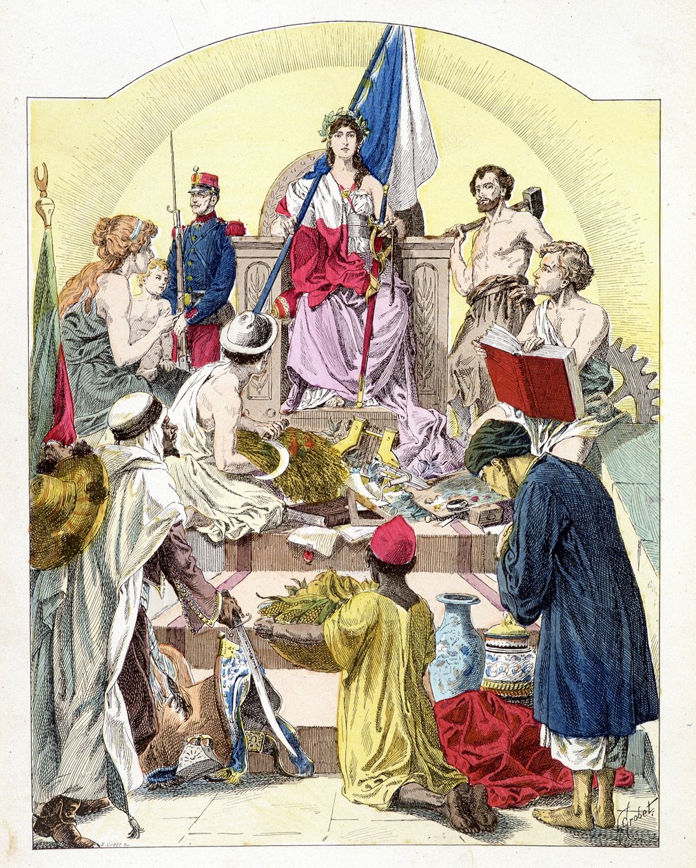 Frankrike, under Mariannes drag, omgivet av sina personifierade kolonier - i "Histoire de France"", av E. Grobet, ca. 1915 av Unknown artist