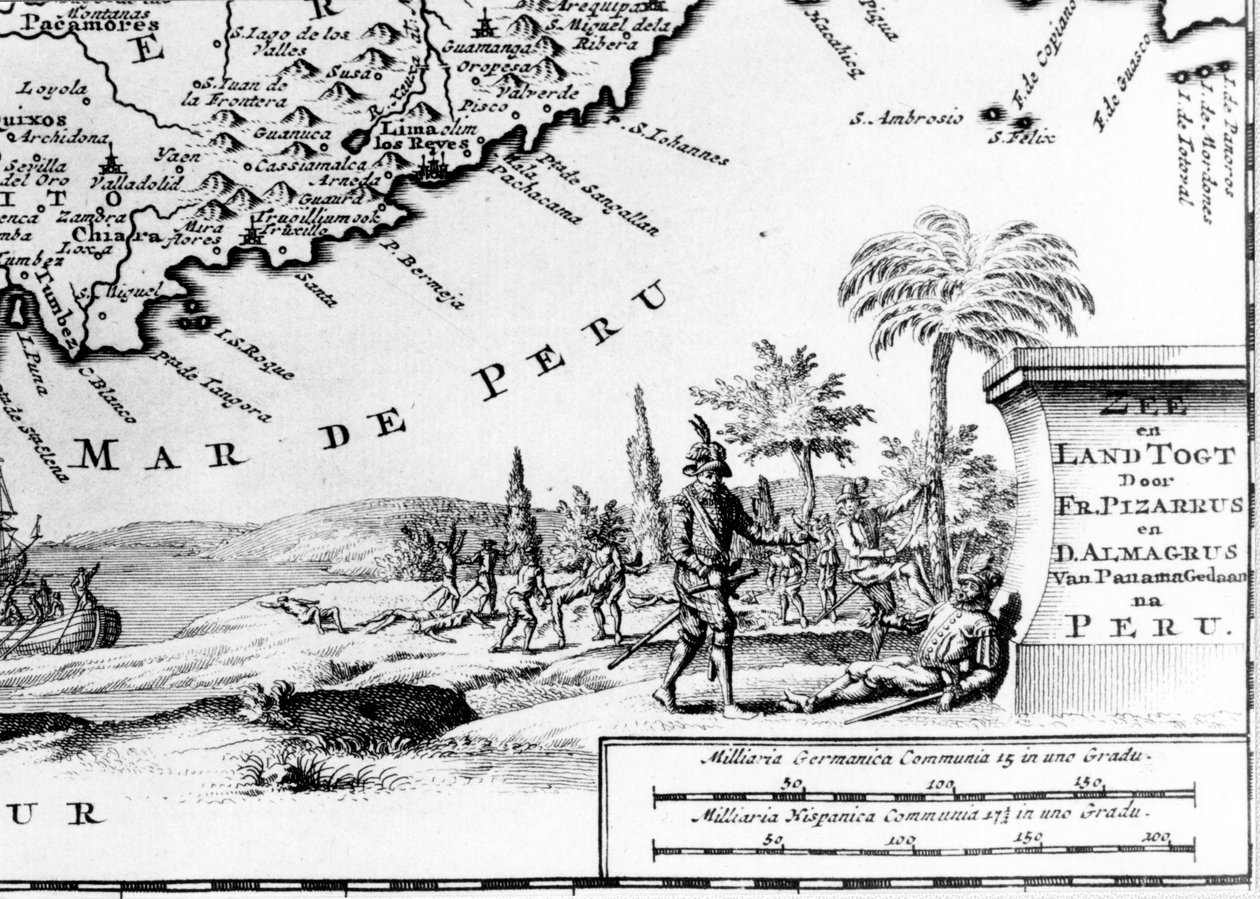Francisco Pizarro (fr. Francois Pizarre) representerad på en karta över Peru. 1600-talet. av Unknown artist