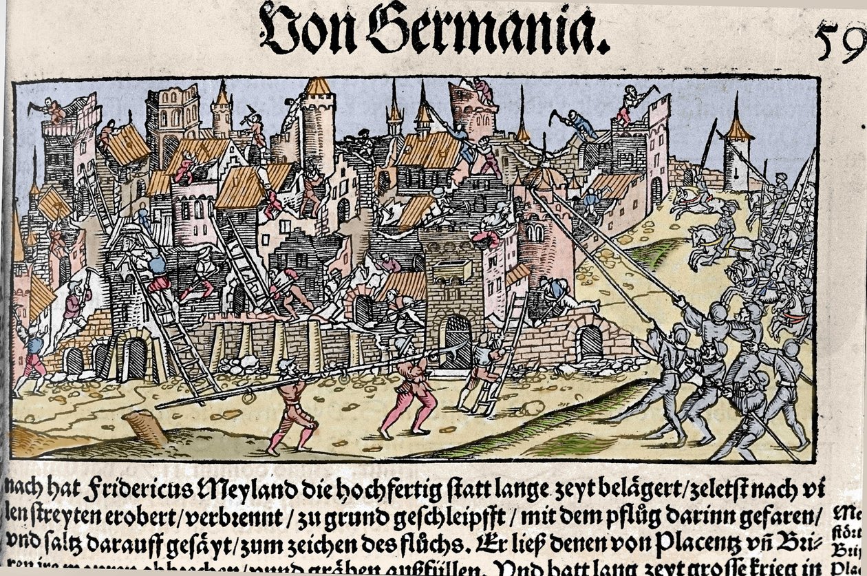 Frederick Barbarossa Kejsaren av det heliga romerska riket erövrade och förstörde Milano 1162. av Unknown artist
