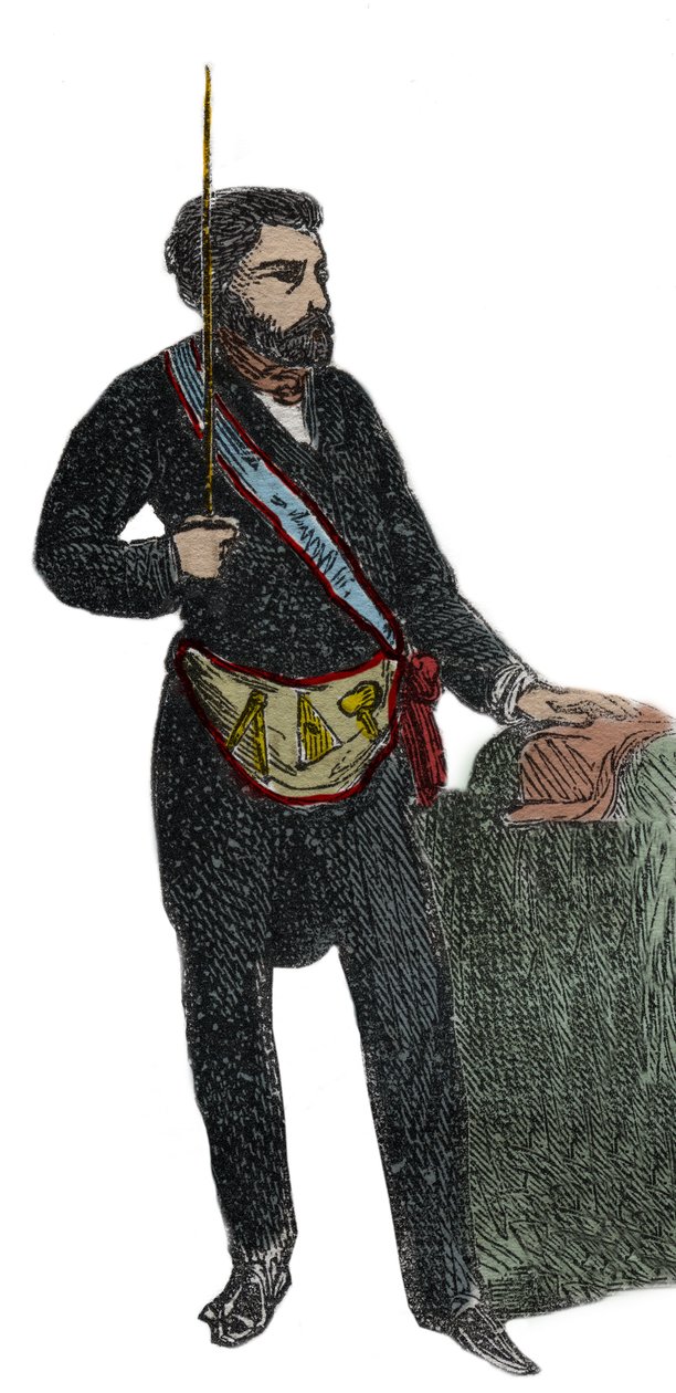 Frimureriet - Dräkt av en frimurare för hans mottagande i graden av Mästare - Franc Maconnerie: Outfit de franc macon (Förkläde) Gravyr från 1879 i "Historia om hemliga, politiska och religiösa sällskap" av Pierre Zaccone (1817-1895) av Unknown artist