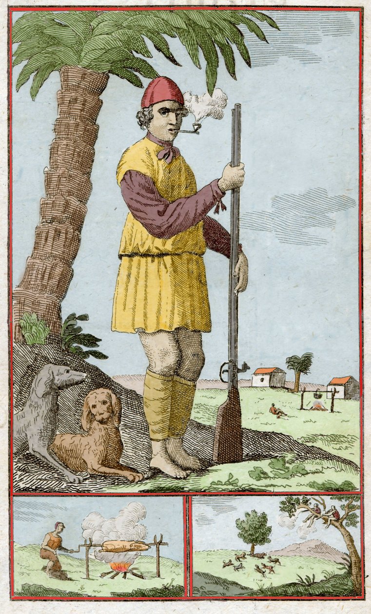Fransk buccane från Santo Domingo (Haiti). Gravyr i "Historien om äventyrarnas filibusters och sjöfarare rapporterade i Indien"" av Alexandre Olivier Exquemelin (1645-1710). av Unknown artist