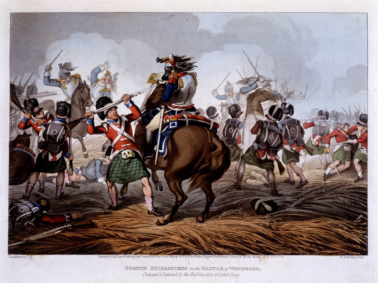 Franska curassiers i Waterloo - i "" Historiska, militära och marina anekdoter och incidenter som anlände till Storbritanniens och deras allierades vapen och slutade i Waterloo"" - av Edward Orme, ill. av Fry, London av Unknown artist