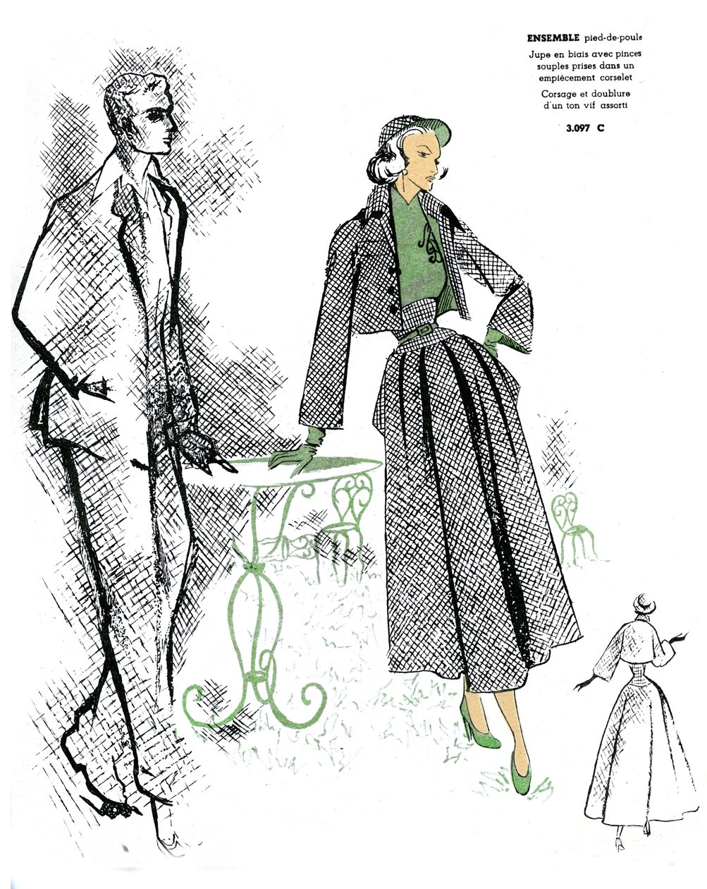 Franskt mode, design för houndstooth-dräkt. av Unknown artist