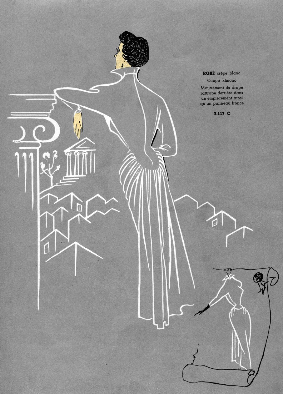 Franskt mode, vit crepe klänningsdesign. av Unknown artist