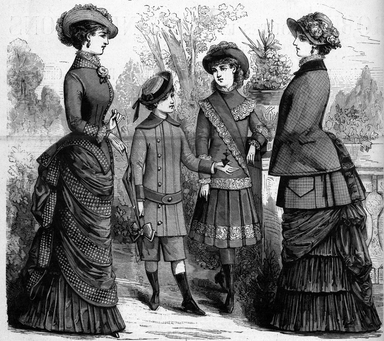 Franskt feminint och barnmode på 1800-talet. Annonsering av 1882. Gravyr i "" The Illustrous World"" nr 1302 av 11 mars 1882. av Unknown artist