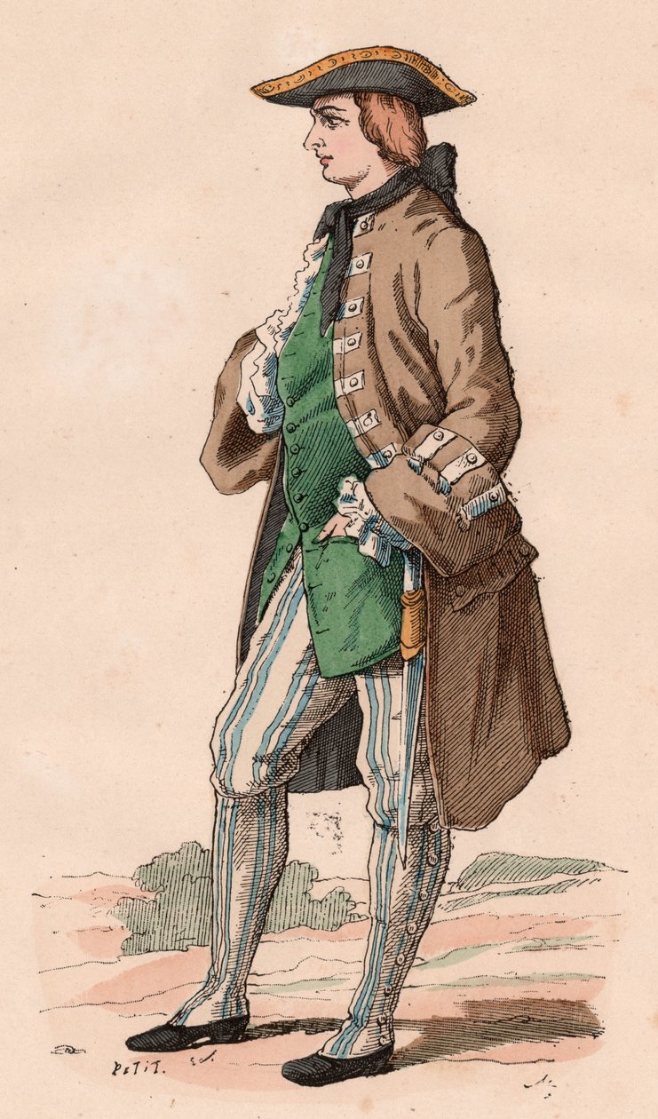 Fransk herre i jaktdräkt, klädd i rock, väst och tricornhatt med en dolk i sidan under 1800-talet (färgstick) av Unknown