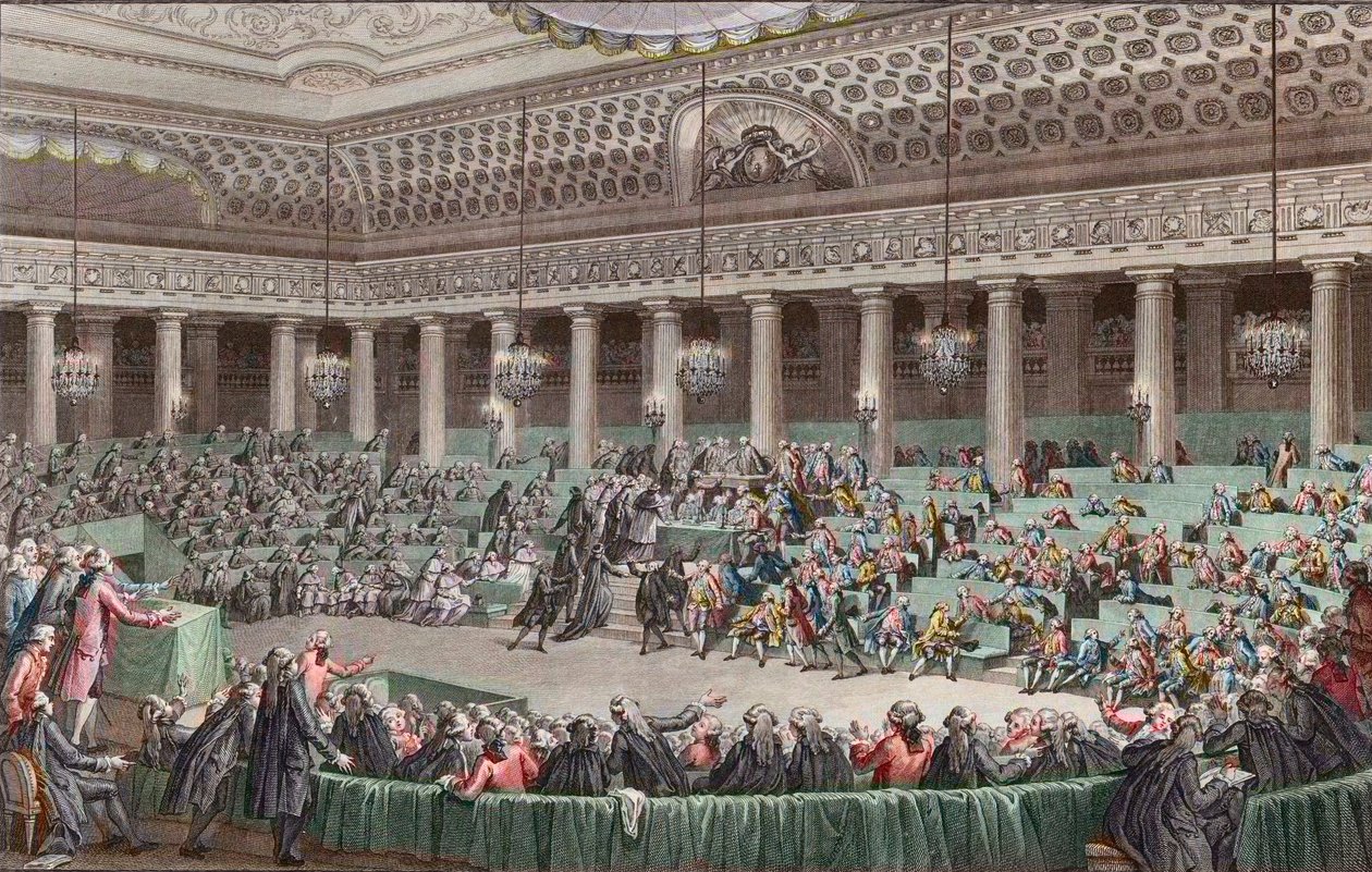 Franska revolutionen - Nationalförsamlingen avsäger sig alla privilegier, 4 augusti 1789, graverad av Helman - Assemblee - Nationale Abandonment de tous - les privilegier, en Versailles, Seance de la - Nuit du 4 au 5 april 1789 av Unknown artist