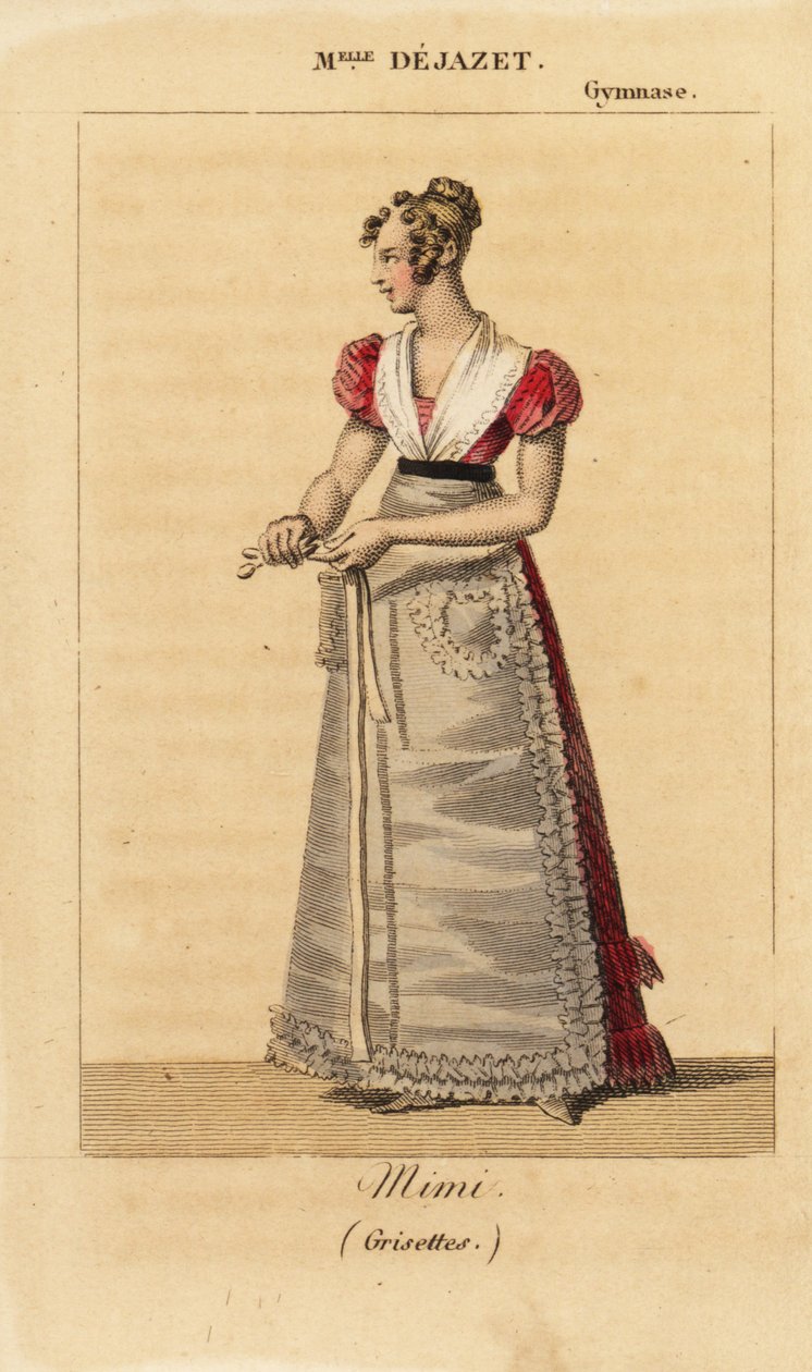 Franska sopranen Mlle Virginie Dejazet som Mimi i enakters vaudeville Grisettes av Scribe och Dupin på Gymnase-Dramatique av Unknown artist