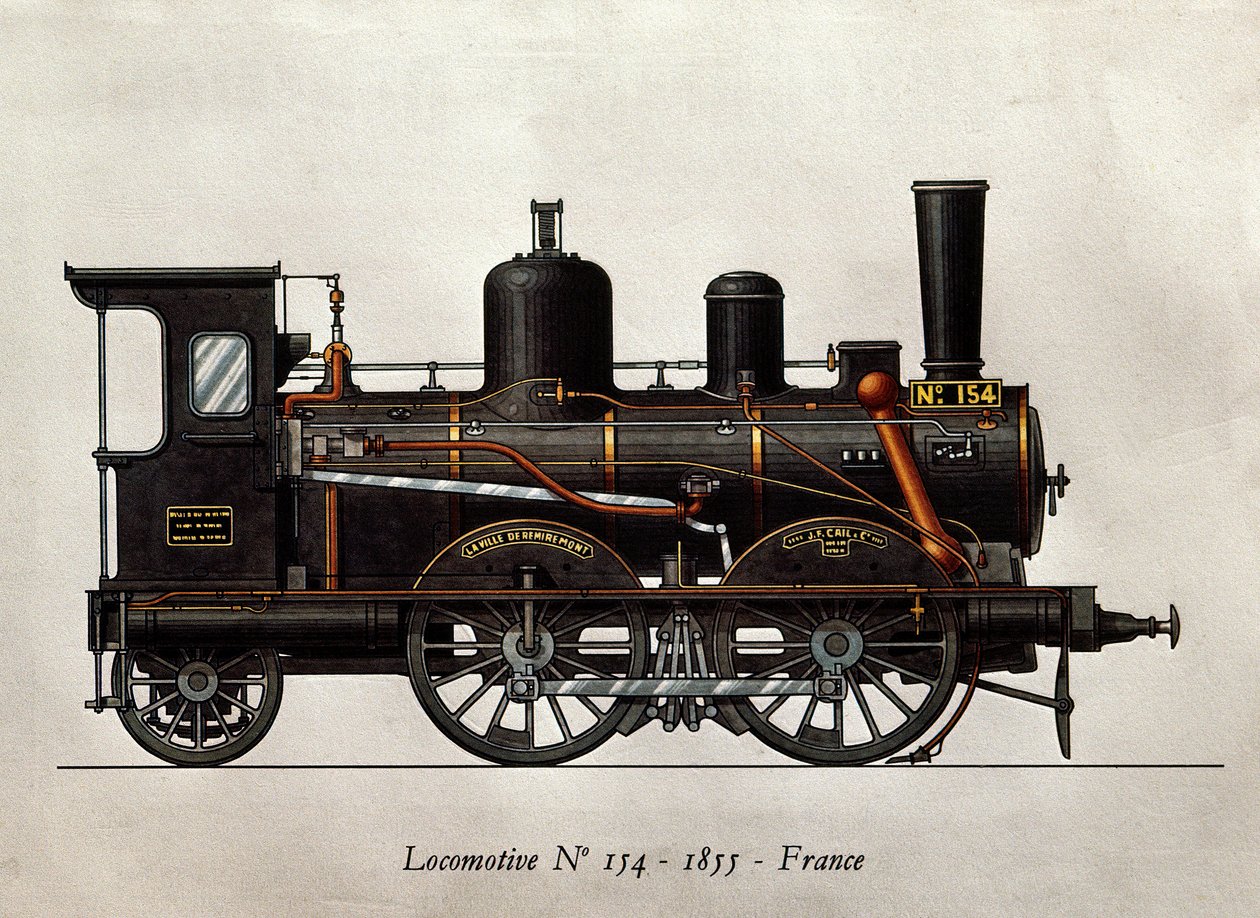 Franskt tåg: Lokomotiv Numero 154 av 1855. Gravyr. Paris, Dekorativ konst av Unknown artist