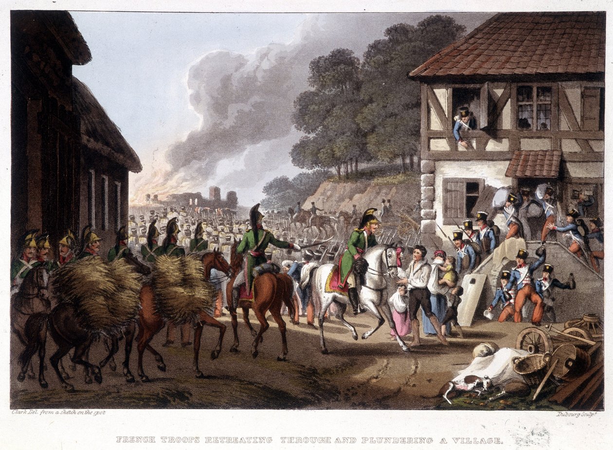 Franska trupper på reträtt och plundrar en by - i "" Historiska, militära och sjöanekdoter..." av Edward Orne av Unknown artist