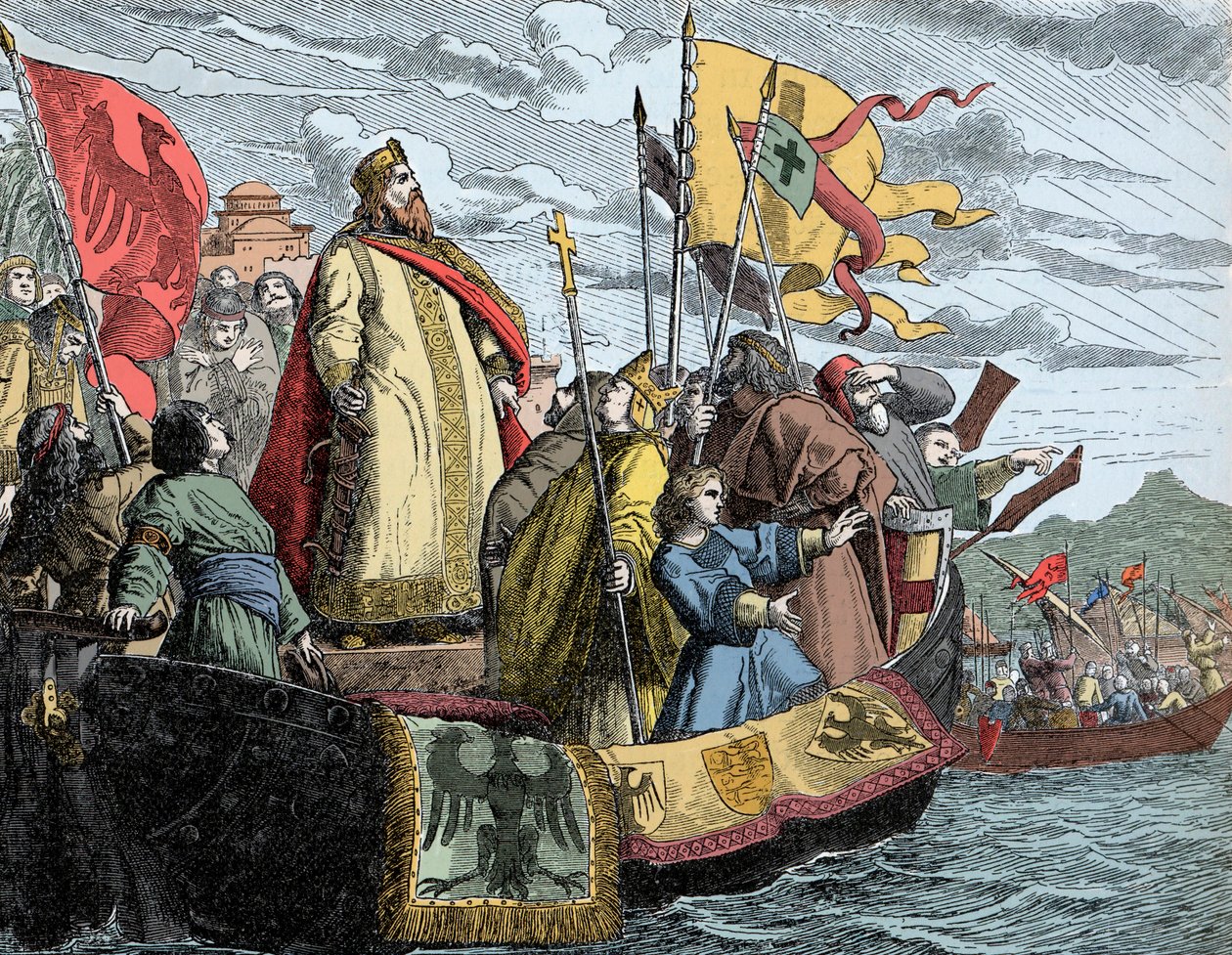 Friedrich överfart till Mindre Asien - Fredrik I kallade Frederic Barberousse (1122/25-1190) (Frederik I av Hohenstaufen) under det 3:e korståget (1189). av Unknown artist