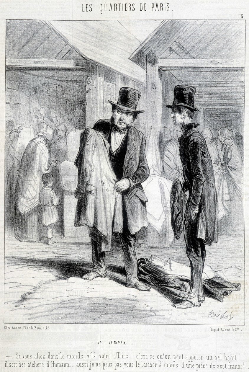 Fripier från tempeldistriktet i Paris försöker sälja kläder till en man. Gravyr av 1800-talet. av Unknown artist