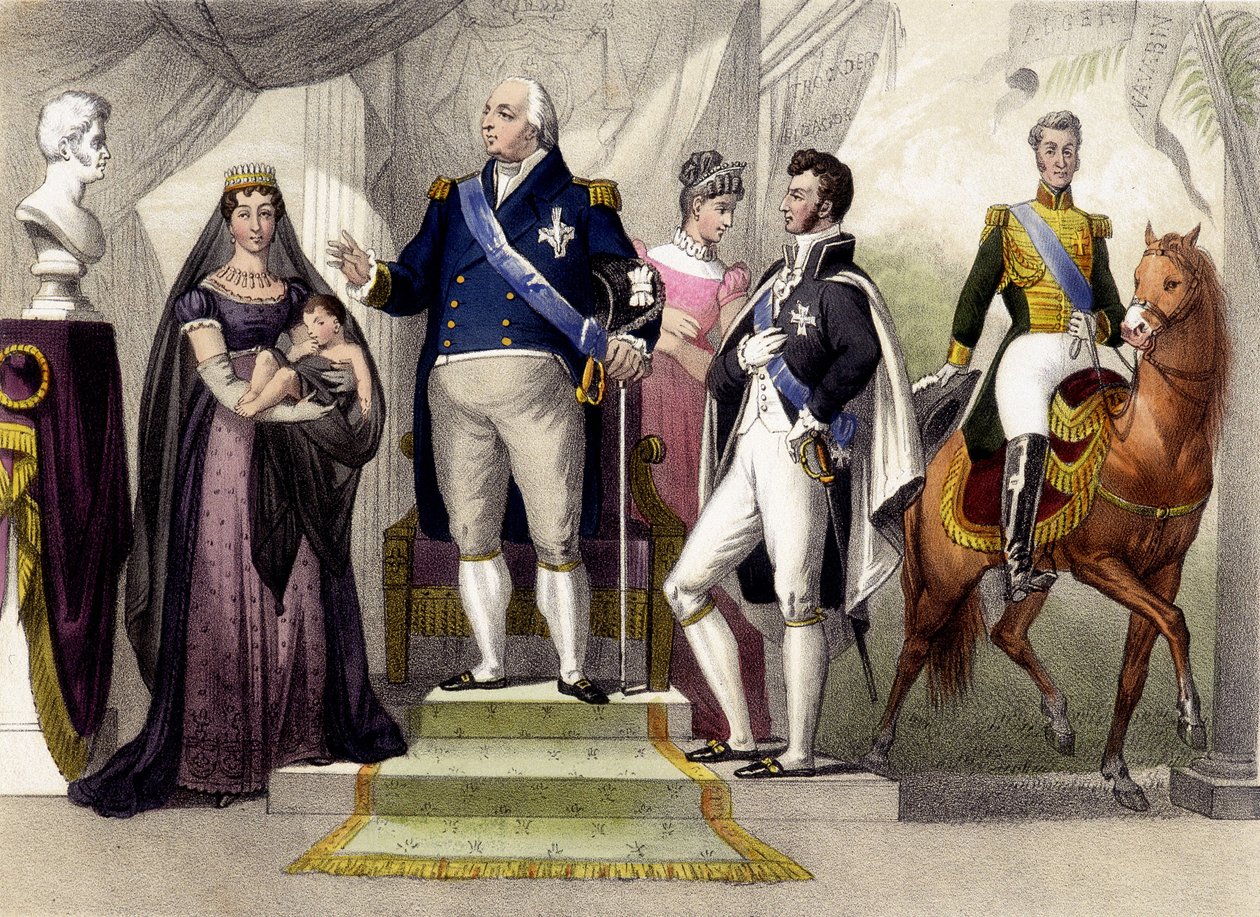 Från 1814 till 1830. Hertigen och hertiginnan av Berry, Ludvig XVIII, hertigen av Bordeaux, hertiginnan av Angoulème och Karl X. Gravyr av 1800-talet. av Unknown artist