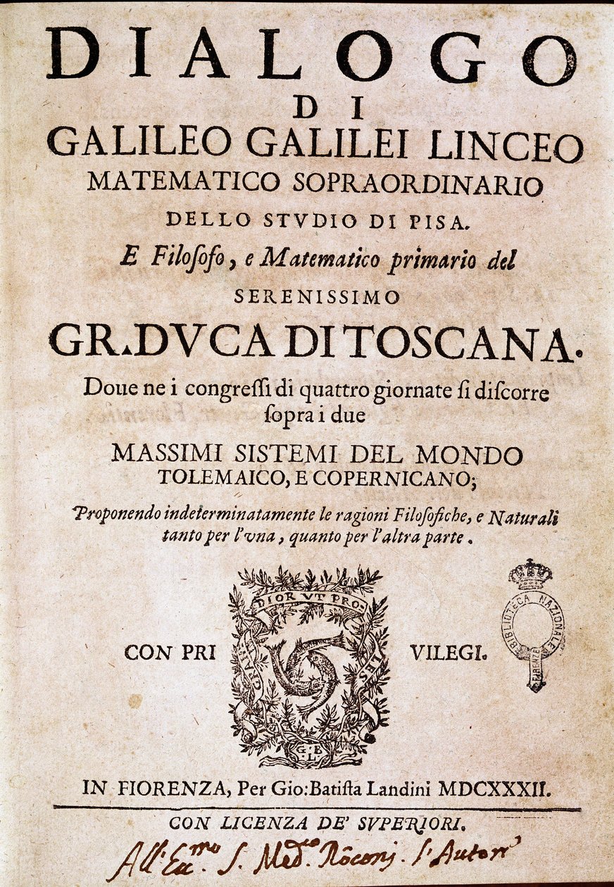 Frontispice of “” Dialogue on the Two Great Systems of the World”” (dialogo sopra i due massimi sistemi del mondo) beställd av påven Urban VIII till astronomen och fysikern Galileo Galilei dit Galilee (1564-1642) omkring 1620 och publicerad 1632 . Det av Unknown artist