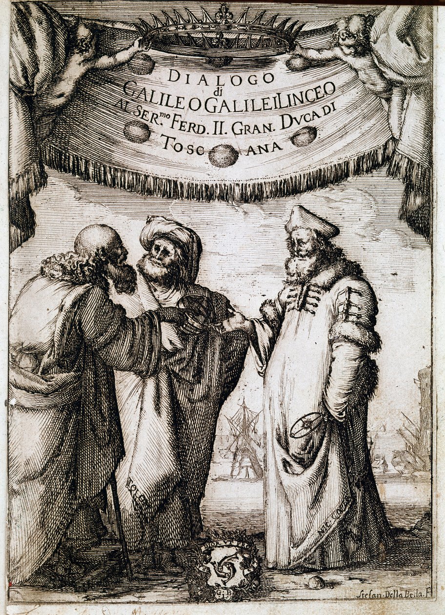 Frontispice of “” Dialogue on the Two Great Systems of the World”” (dialogo sopra i due massimi sistemi del mondo) beställd av påven Urban VIII till astronomen och fysikern Galileo Galilei dit Galilee (1564-1642) omkring 1620 och publicerad 1632 . Det av Unknown artist