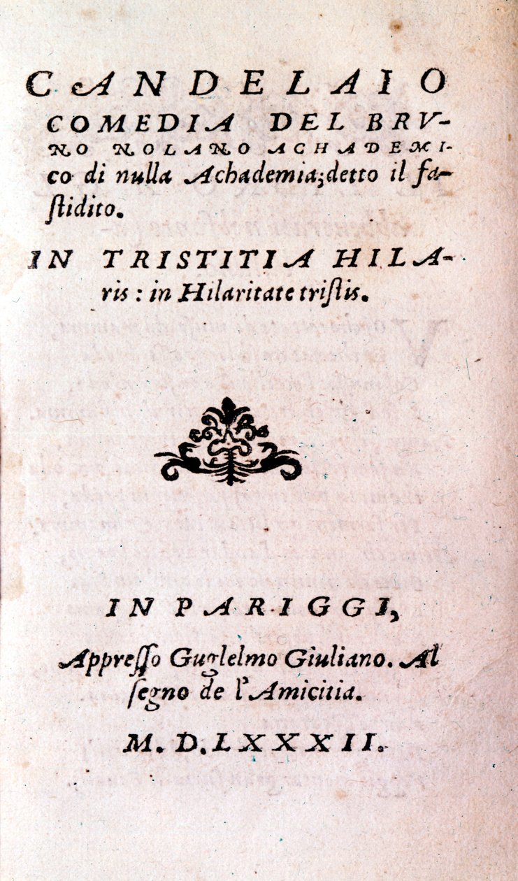 Frontispice of "" Il candelaio"" (Ljusstaken) av Giordano Bruno (1546-1600), italiensk filosof och teolog. 1582 av Unknown artist
