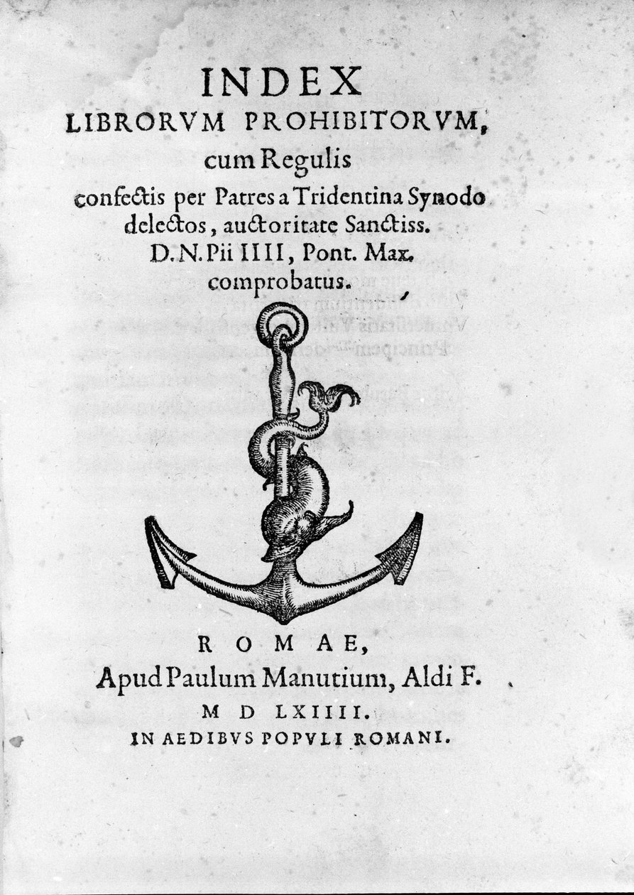 Frontispice of Index Librorum Prohibitorum (Index of Prohibited Books eller Index Exurgatorius) publicerad i Rom 1564. Han listar böcker som romersk-katoliker inte fick läsa. av Unknown artist