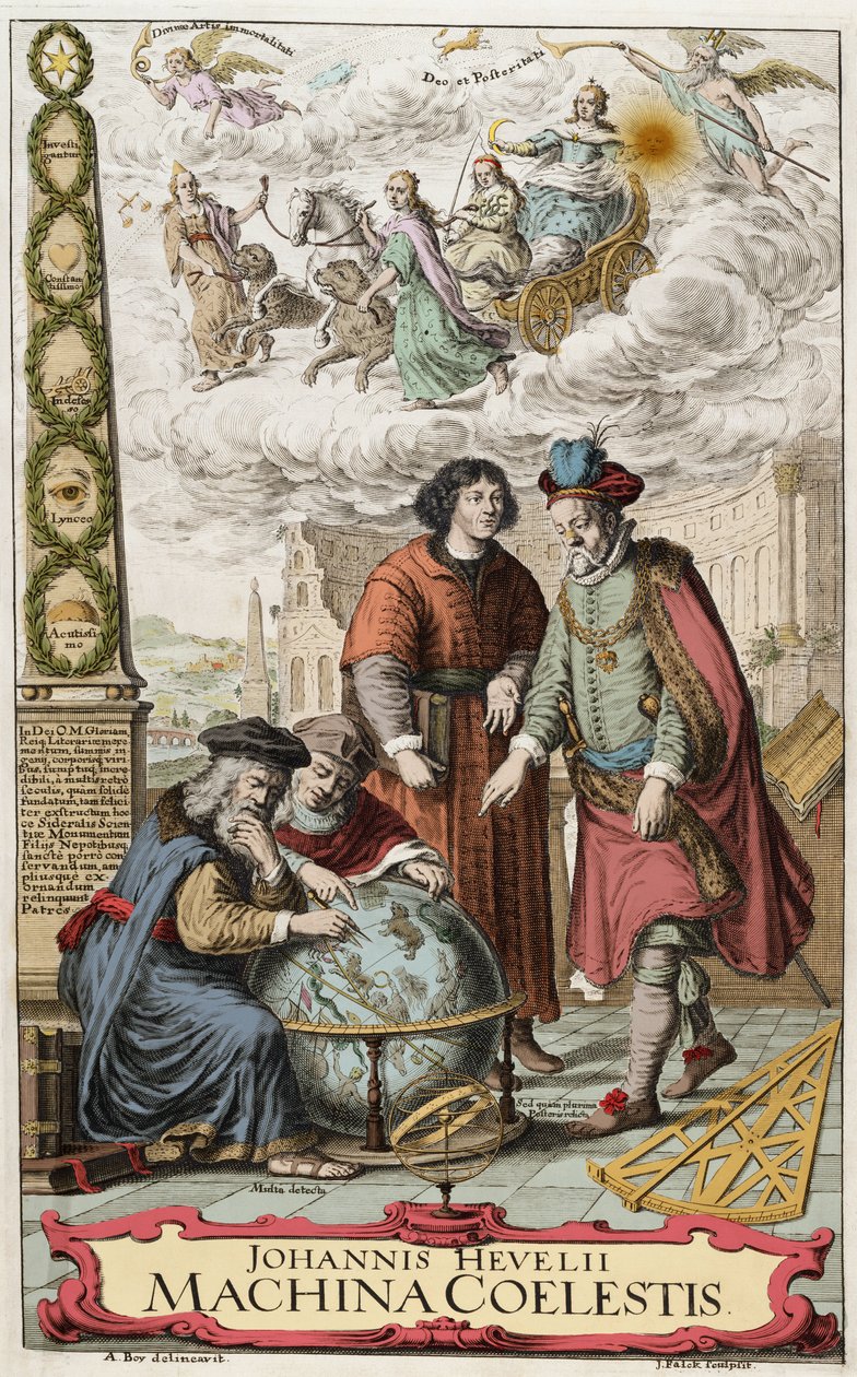Frontispice of “Machina coelestis” av Johannes Hevelius (Jan Heweliusz) (1611-1687) 1673 - Johannes Hevelius (1611-87) polsk astronom; bilden visar de fyra stora astronomerna, Hipparchus (ca 190-120 f.Kr.) (Hipparchus), Ptolemaios (83-161 e.Kr.) (Claude Pt av Unknown artist