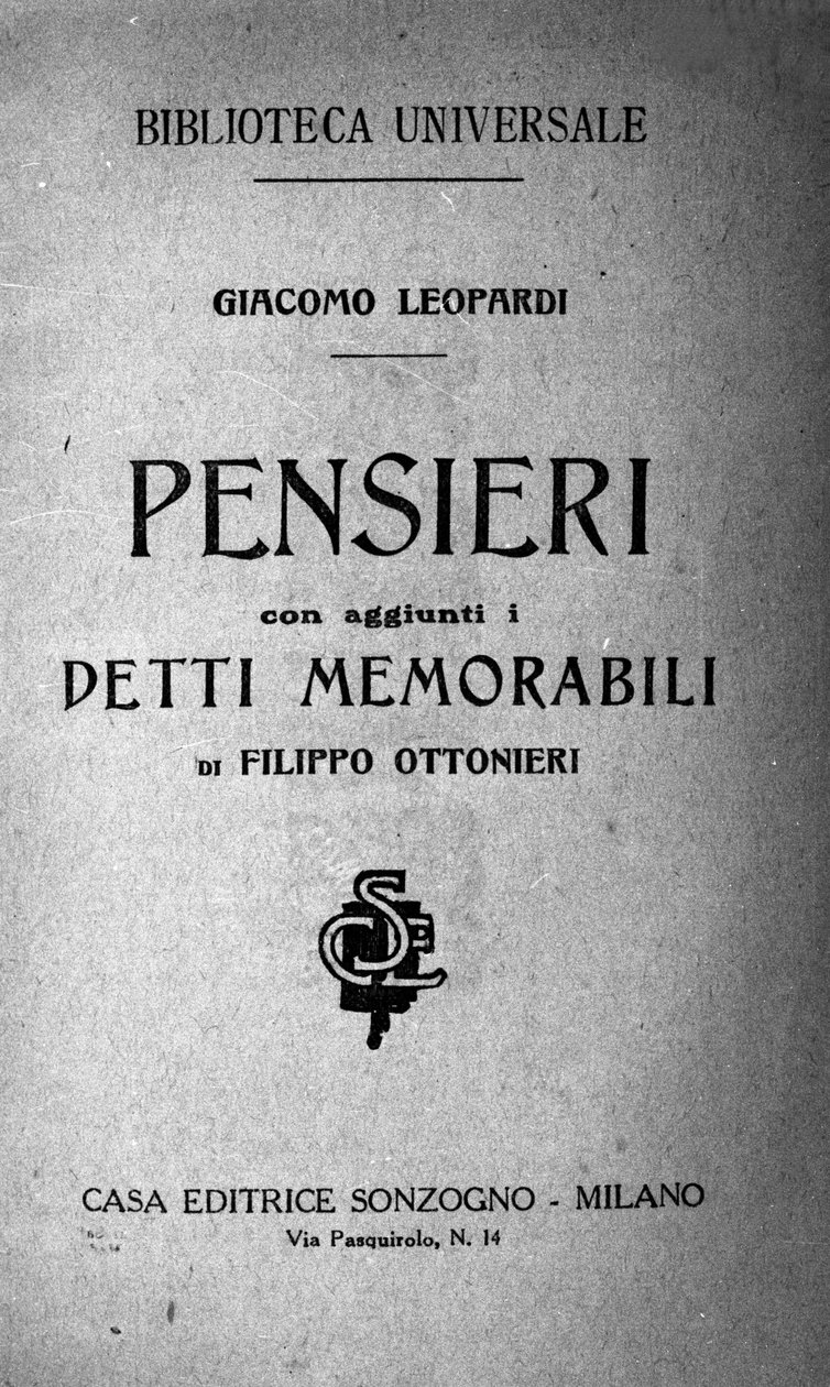 Frontispice av "" Pensieri "" (Pensees) av den italienska poeten Giacomo Leopardi (1798 - 1837) 1800-talet av Unknown artist