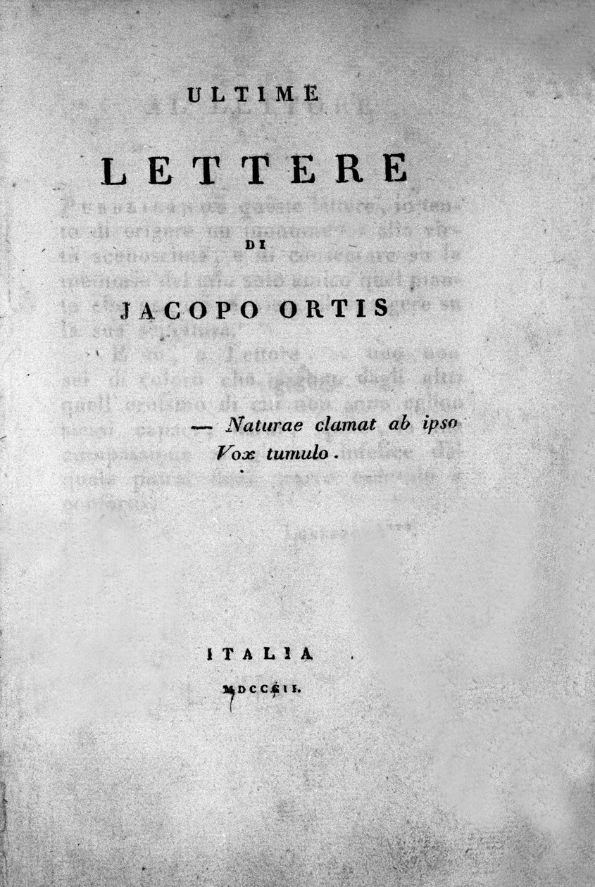 Frontispice av "The Last Letters of Jacopo Ortis"" av den italienske poeten och dramatikern Ugo Foscolo (1778-1827) 1802 av Unknown artist