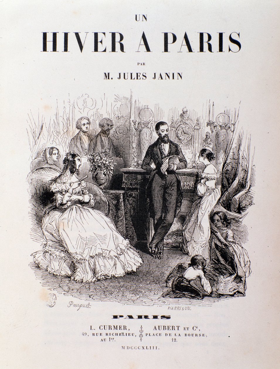 Frontispice av "" Un hiver à Paris"" av Jules Janin, parisare träffades i en lounge under en mottagning. 1843 Privat samling av Unknown artist