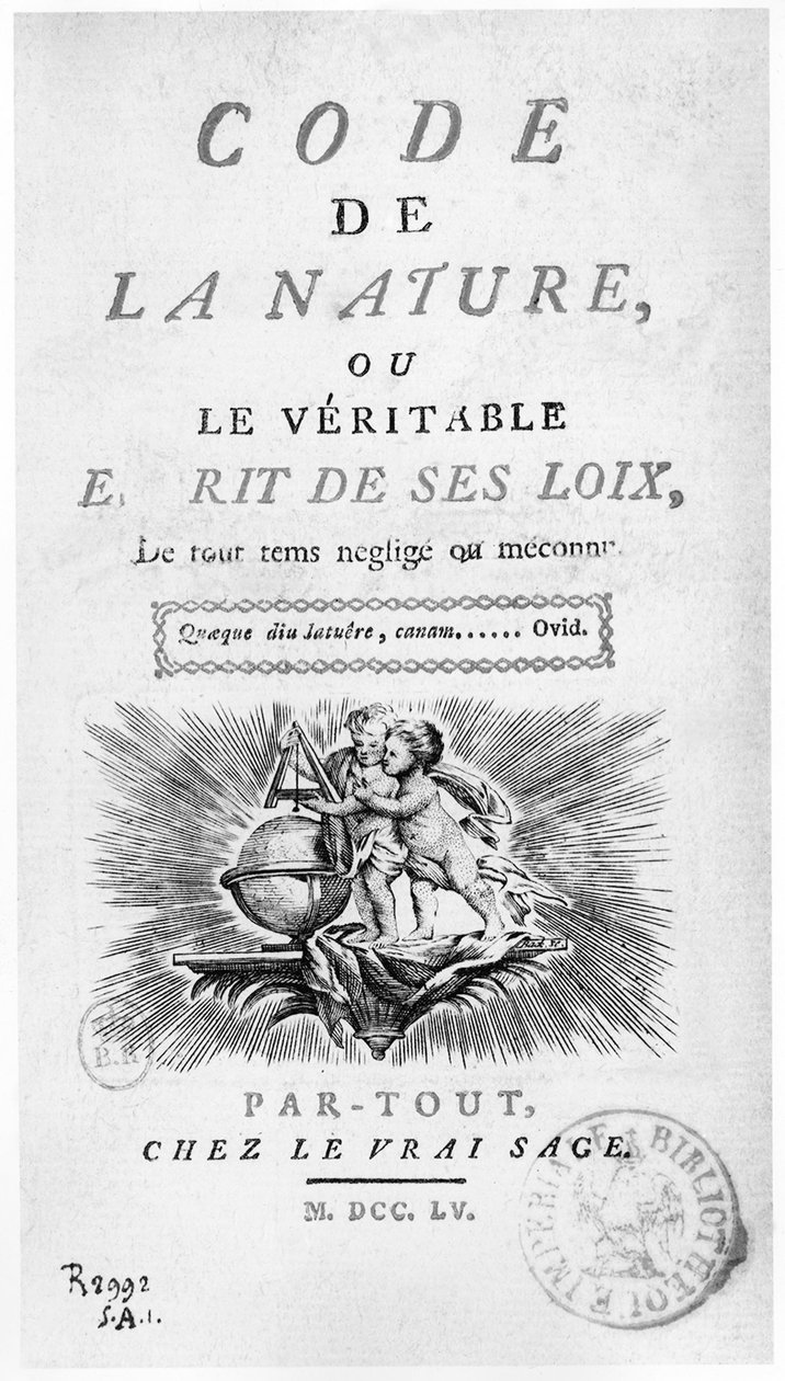 Frontispice av "Code la Nature"": änglar med en jordglob - gravyr av Unknown artist