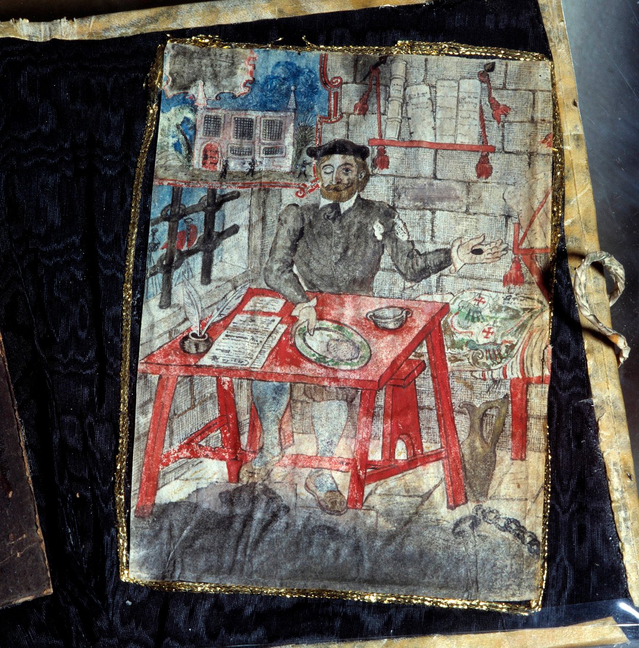 Frontispice av diktsamlingen av den portugisiske poeten Luis Vaz de Camoes, känd som kamoanerna (1525-1580). Poeten sitter fängslad där. Lissabon, Nationalmuseet för antik konst av Unknown artist