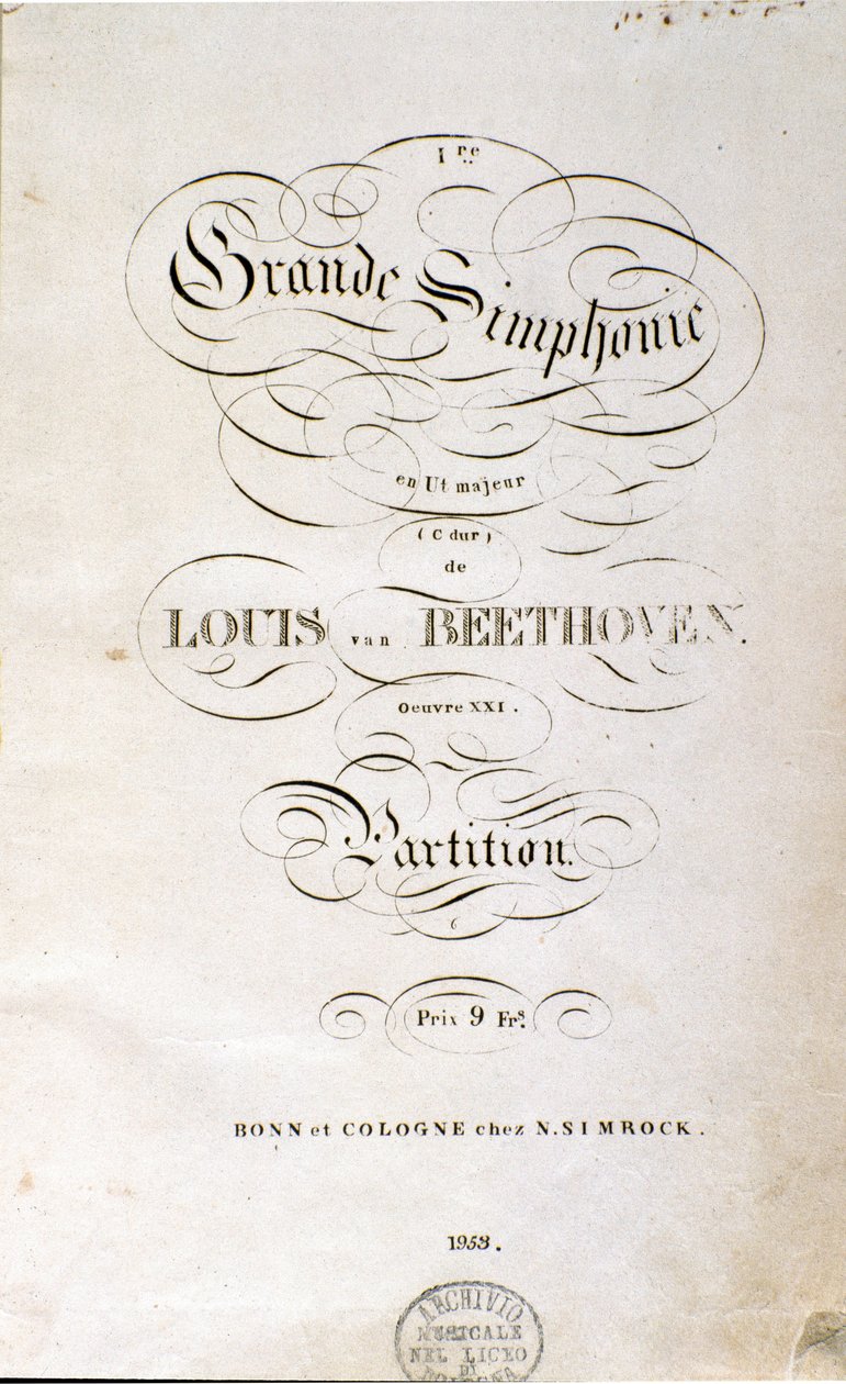 Frontispice av den första tyska upplagan av partituret till Symphony n. 1 i C-dur av den tyske kompositören Ludwig van Beethoven (1770-1827) (1799-1800). Bonn av Unknown artist