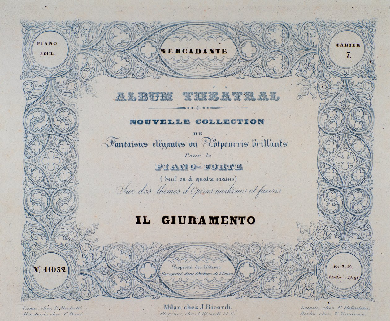 Frontispice av operan Il Giuramento, av Mercadante (1837) av Unknown artist