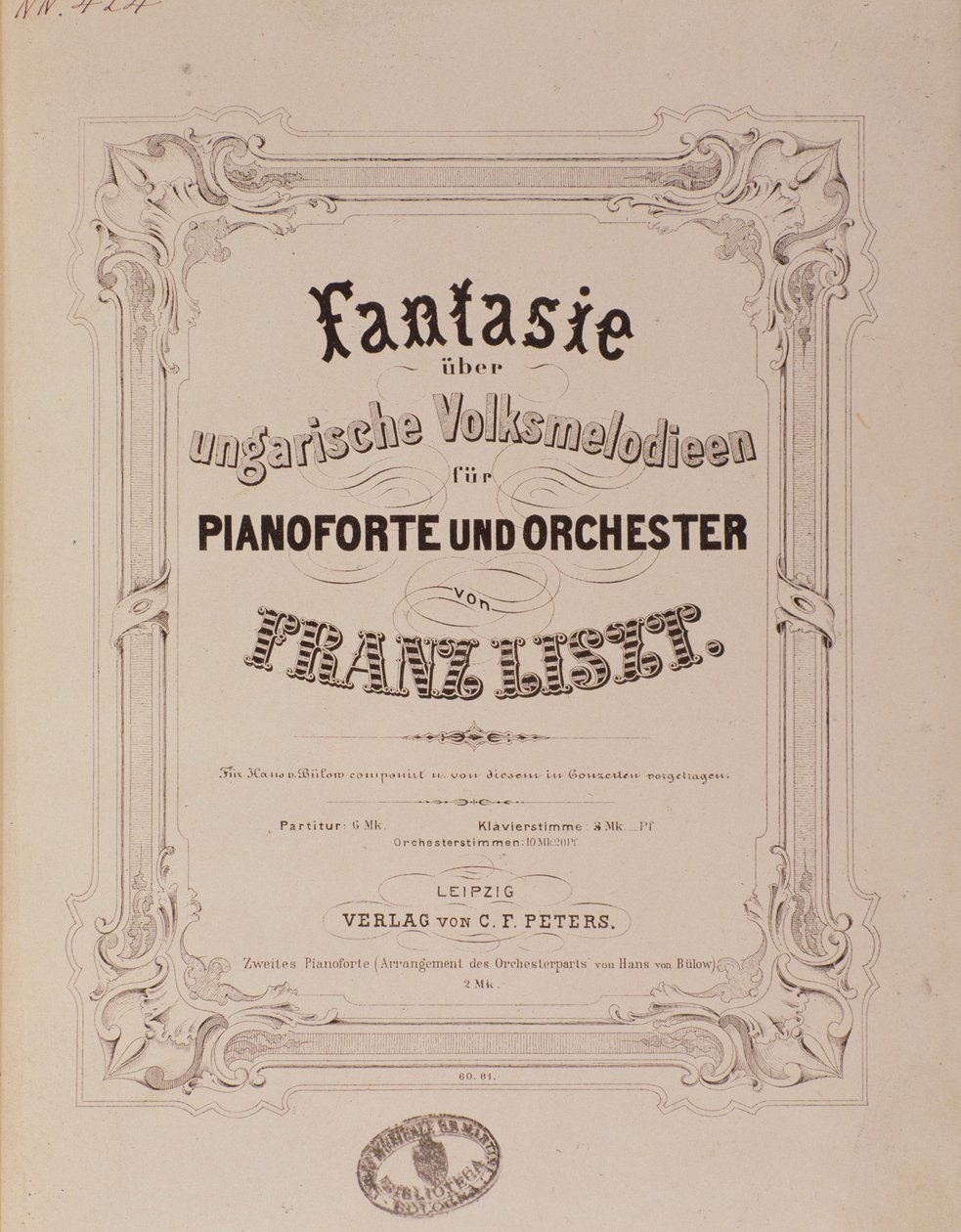 Frontispice av partituret "" Fantasy för piano och orkester "" av Franz Liszt (1811-1886) 1800-talets Bologna, civico museo musicale av Unknown artist