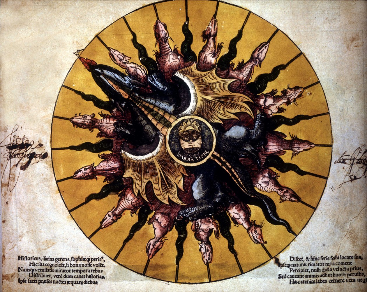 Frontispice representerar en sol - i "Astronomicum Caesarium", avhandling om astronomi som relaterar till teorin om Ptolemeus, av P. Apiano. av Unknown artist