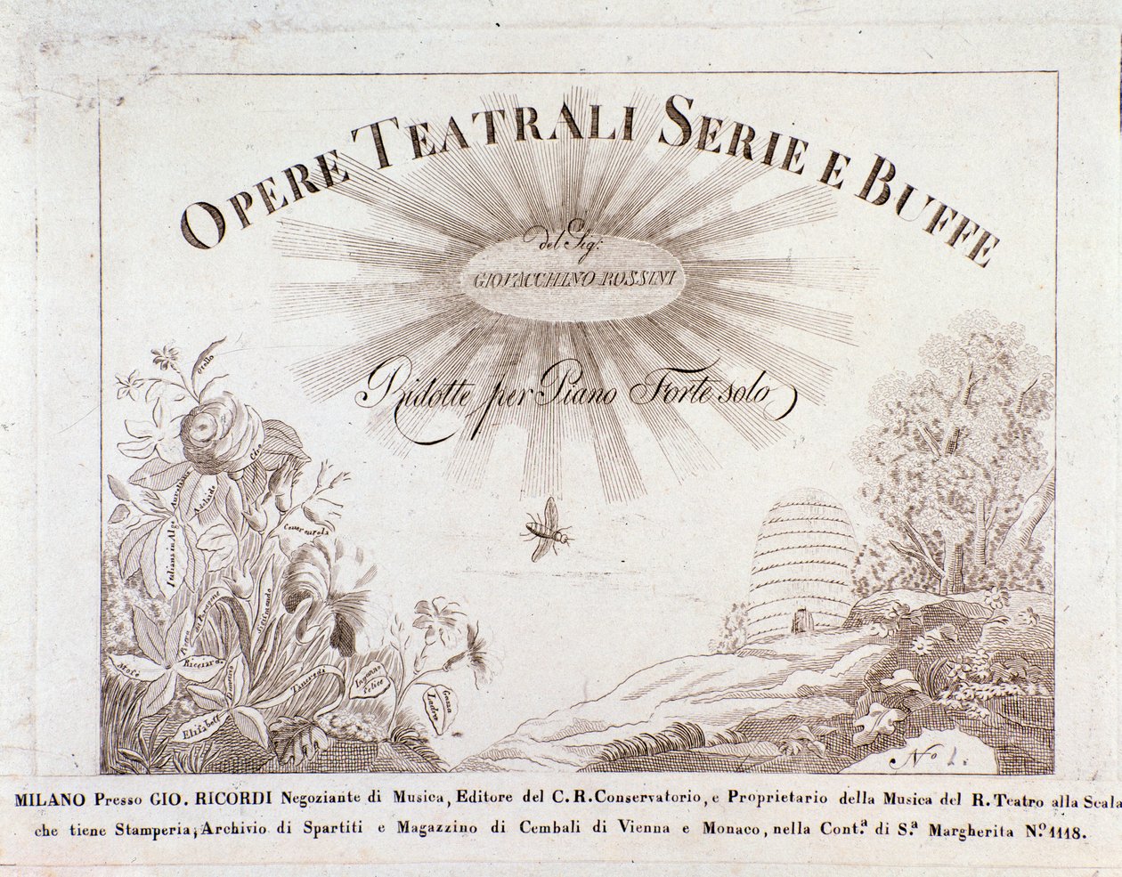 Frontispice för partitur av serier med teaterverk och buffe av Gioacchino Rossini av Unknown artist