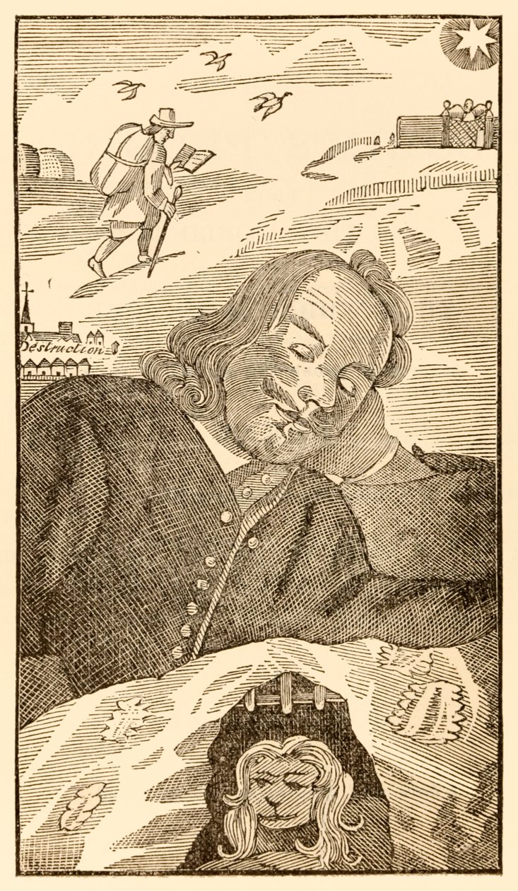 Frontispice från The Pilgrims Progress From This World, To That What Is To Come av John Bunyan (1628-1688) som visar författaren drömma om pilgrimen Christian belastad med kunskapen om sin synd av Unknown