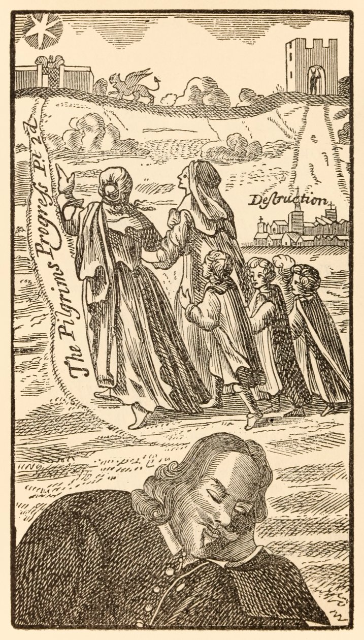 Frontispice från den andra delen av The Pilgrims Progress From This World, To That What Is To Come av John Bunyan (1628-1688) som visar författaren drömma om den kristna familjen, hans fru Christiana och av Unknown