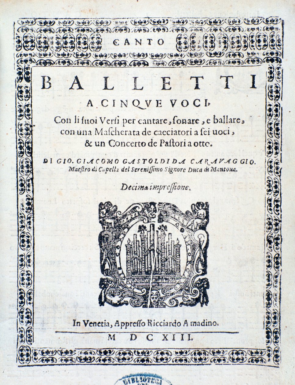 Frontispice av Balletti för fem röster av Giovanni Giacomo Gastoldi av Unknown artist