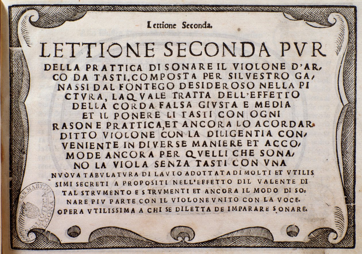Frontispice av Second Lettione av Silvestro Ganassi från Fontego av Unknown artist