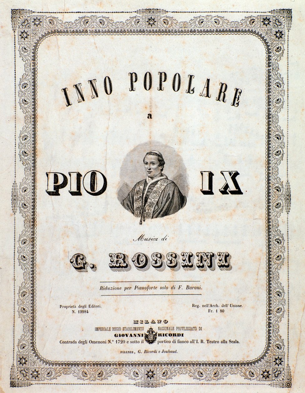Frontispice av musikmusik Populär hymn för Pius IX av Gioacchino Rossini av Unknown artist