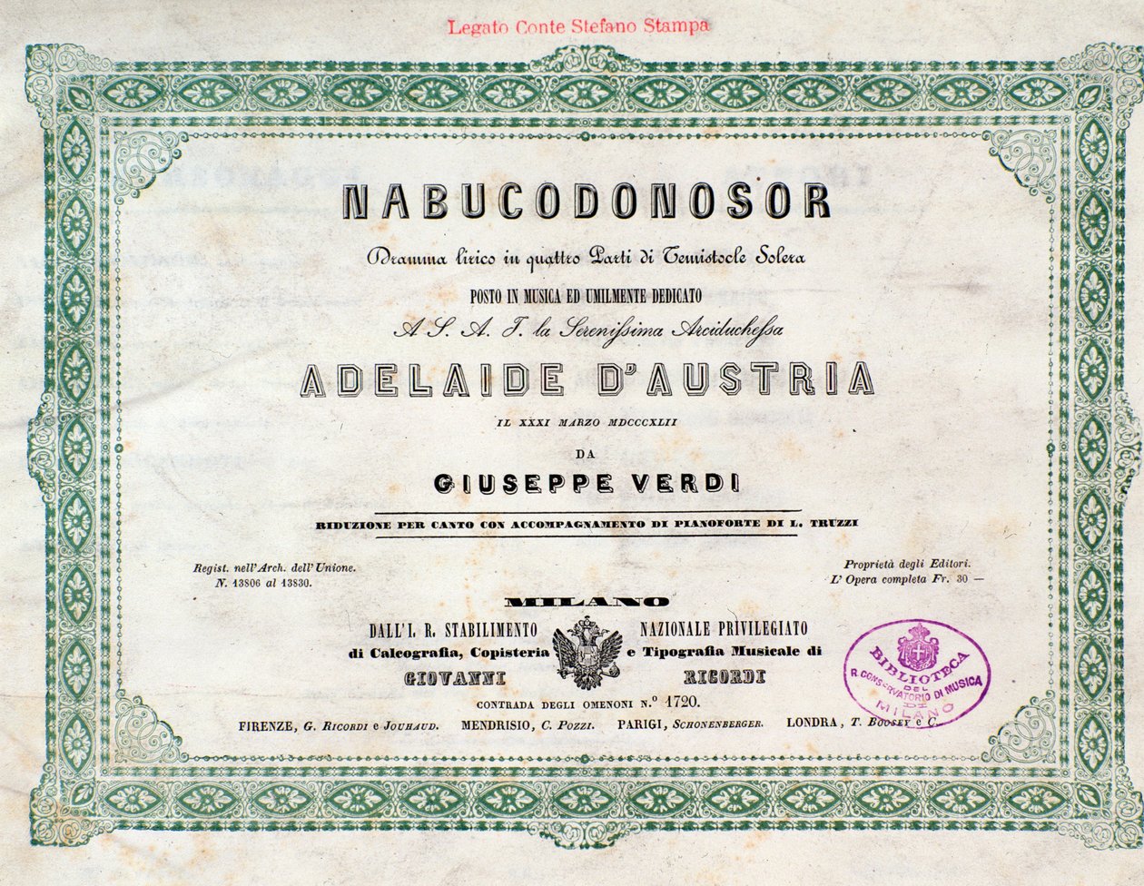 Frontispice av musikaliska partitur av Nabucco-operan av Giuseppe Verdi av Unknown artist