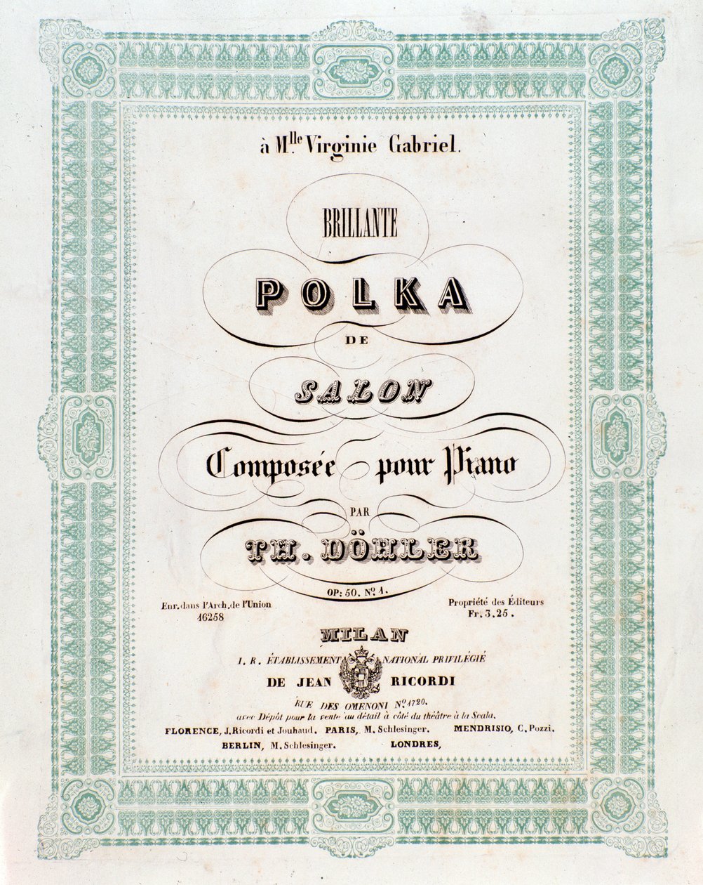 Frontispice av musikaliska partitur av Polka de salon av Theodor von Dohler av Unknown artist